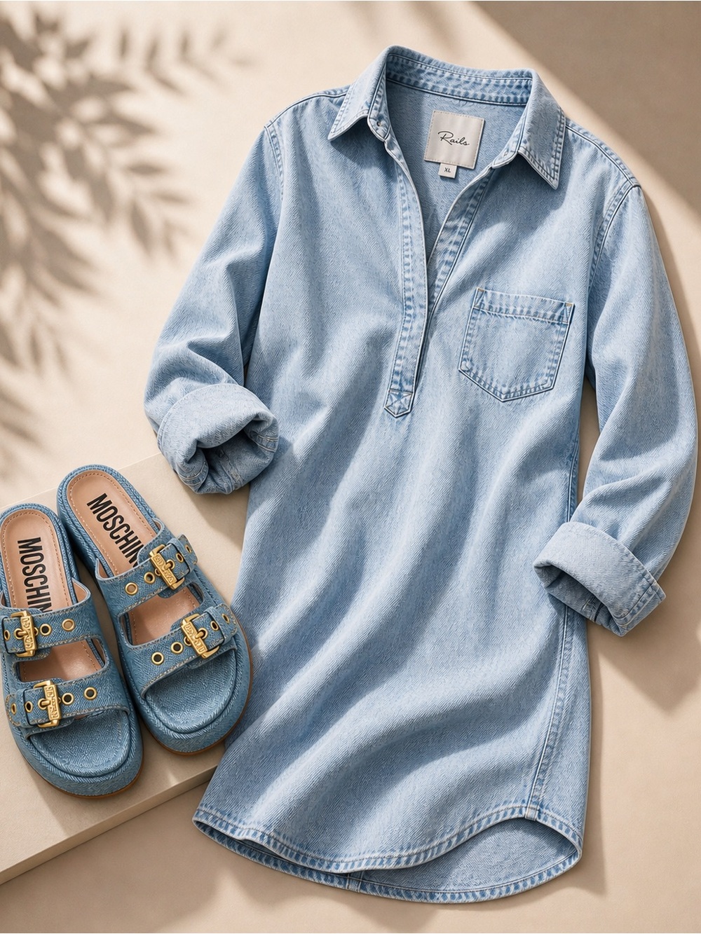 Denim-on-denim set: Moschino Denim Platform Slides + Rails Valerie Denim Dress